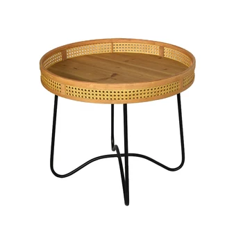 Innovahome Living Room Small Round Vintage Furniture Industrial Storage Natural Rattan / Wicker Wood Metal Coffee Table