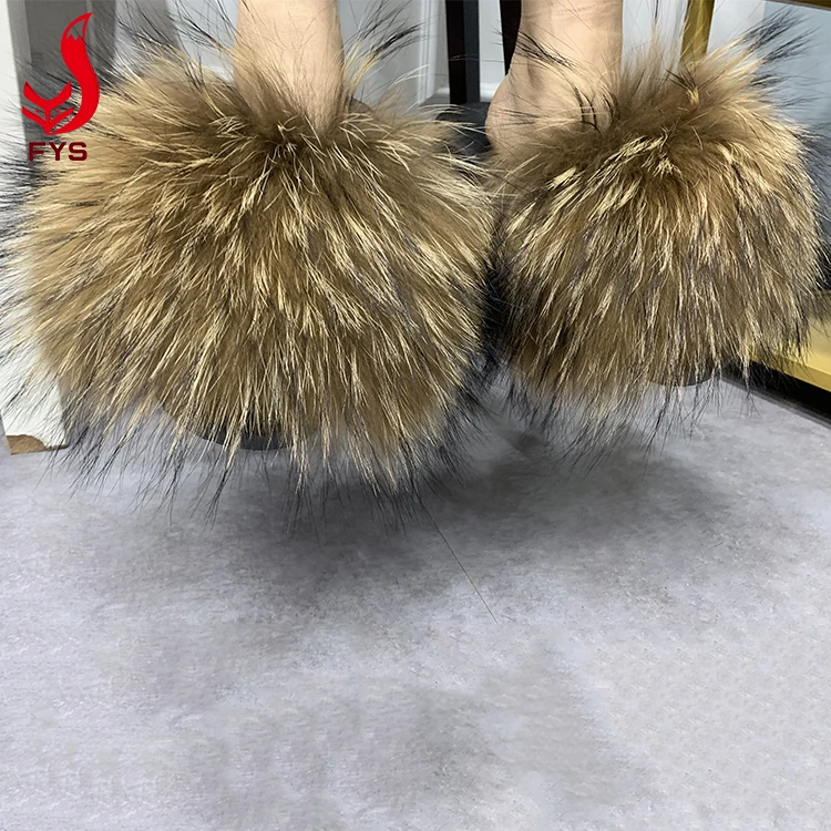 New designer big fluffy real raccoon fur slippers sandal furry fur slides for women