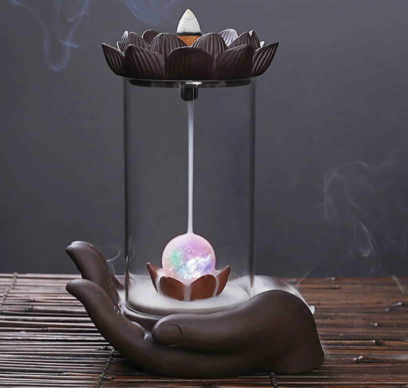15.5*10.5*19cm Electric LED Ceramic Smoke Fountain Buddha Hand Monkey Plastic Design Backflow Waterfall Incense Holder Burner