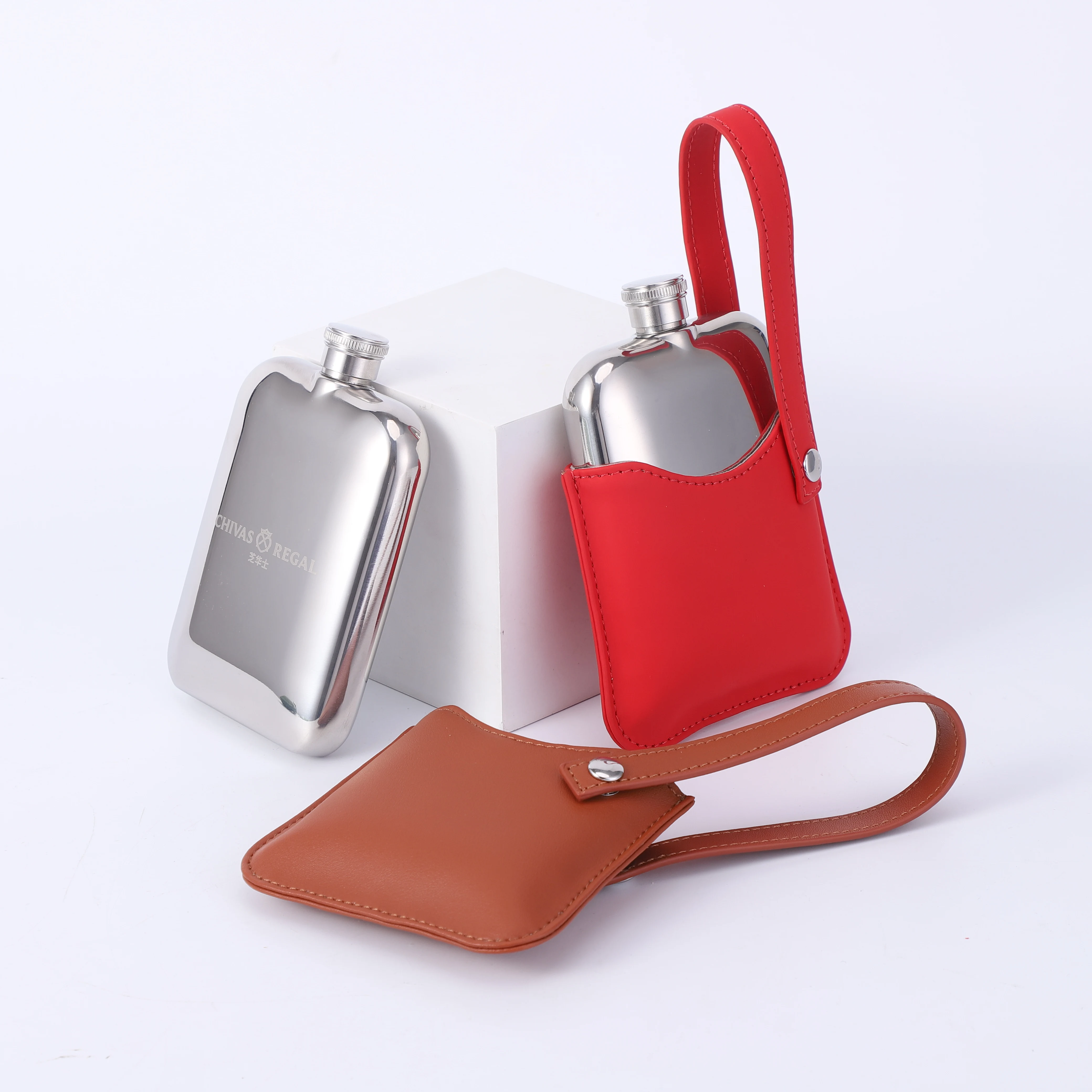 Wholesale 6oz  Pewter Hip Flask with Brown Leather Pouch Liquor Flask with Customize Leather Pouch