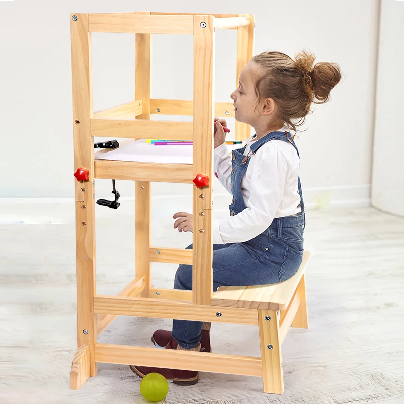Qiaike Nakakabit na Taas na Step Stool sa Kusina Para sa mga Bata Ligtas na Learning Tower na Kahoy Montessori Kitchen Helper Toddler Tower