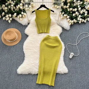 Boutique Wholesale Women's Summer Retro High Waist Skirt Set New Versatile Knitted Solid Canvas Casual Style