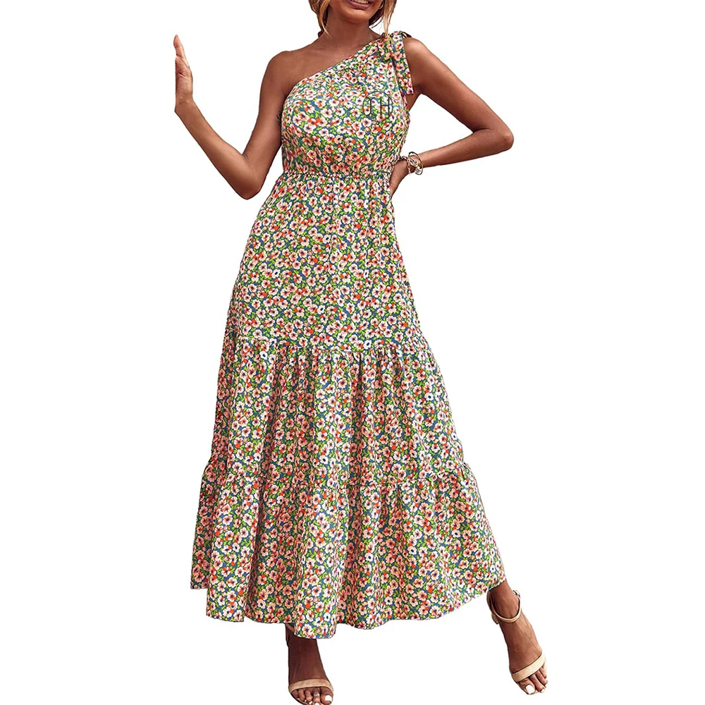 Factory Women's Summer Floral Maxi Chiffon Dress Knot One Shoulder  Sleeveless Ruffle Flowy Boho Beach Wedding Guest Dresses