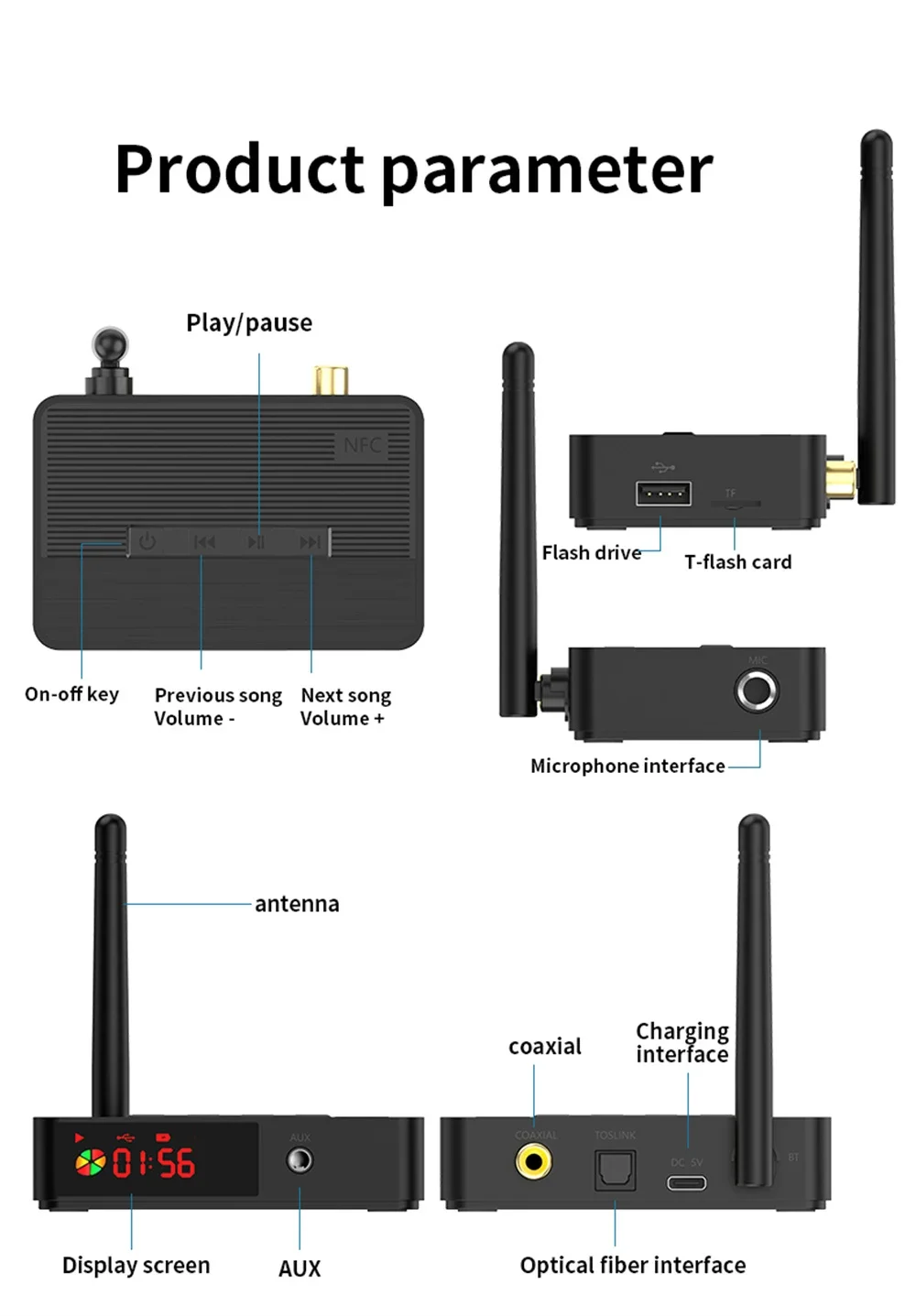 NFC Blue-tooth 5.3 Transmitter Receiver 3.5mm AUX Optical 6.5mm Microphone / U Disk / TF Card HIFI Wireless Audio Adapter