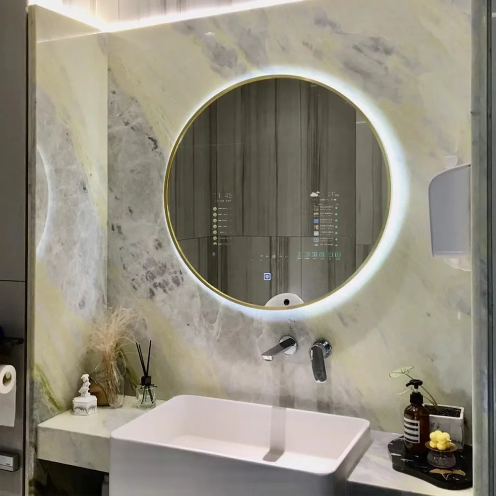 Modern Android Smart Mirror TV Magic Touch Screen LED Bathroom Vanity Illuminated Feature Aluminum Lenses Graphic Design