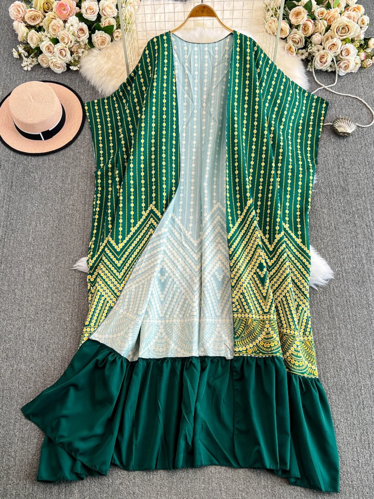 Elegant temperament printed round neck new hot stamping two-piece set women's long skirt+Western loose bata shirt