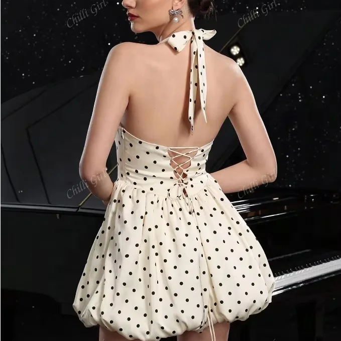 navy blue dress for baby girl D&M Fashion Womens Clothing Pleated Polka-dot Duchesse-satin Mini Dress  Woman Satin Sexy Backless Mini Short Club Party Dresses
