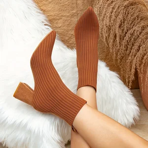 Ladies Block Heel Boots Factory Woven Breathable Upper Casual Shoes With Pointed Toe Autumn Season Styles