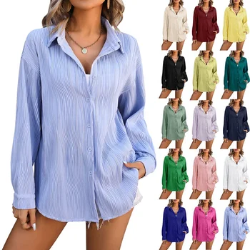 Women's Button Down Long Sleeve Shirt Fashion Wavy Textured Loose Lapel Shirt for Women Solid Color Work Office Blouse Tops