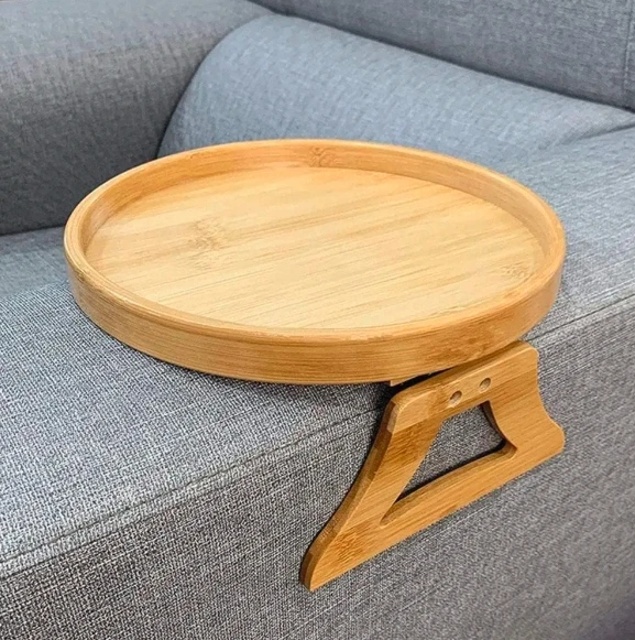 Round Bamboo Storage Rack Armrest Clip Side Table with Wooden Tray for Beverages Telephone Desserts Teahouses