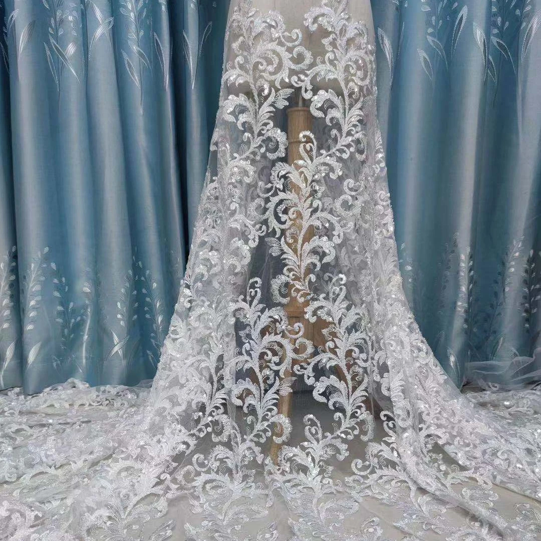 Bridal Net Embroidery Laces Fancy 3d Tulle Embroidery Flower Sequin Litter  Luxury Heavy Dress Beaded Lace Fabric Wholesale
