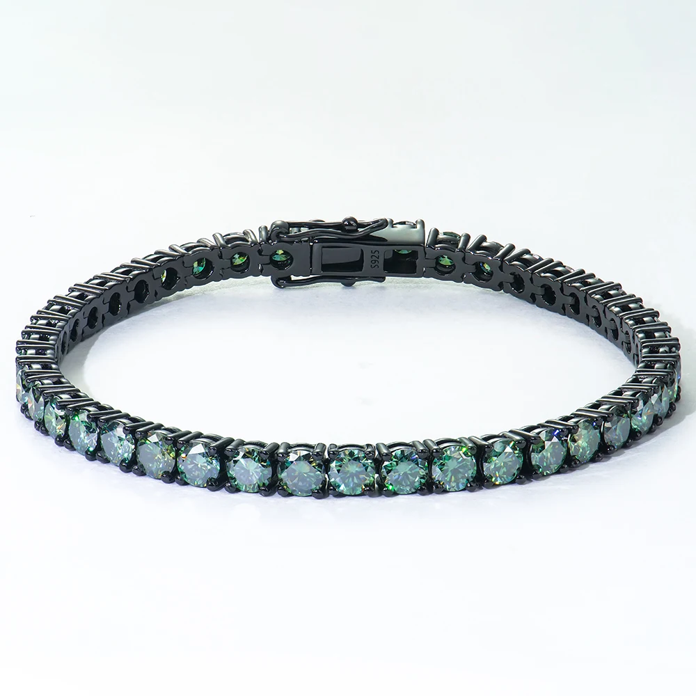 GRA Certificated 4mm Round Green VVS Moissanite 925 Silver Plated Black Gold Moissanite Tennis Chain Bracelets Fashion Jewelry