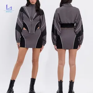Huili Manufacturer Oem Color Block Two Piece Zip up Jacket Crop Top & Mini Skirt Tracksuit Women's Nylon Sets Custom logo