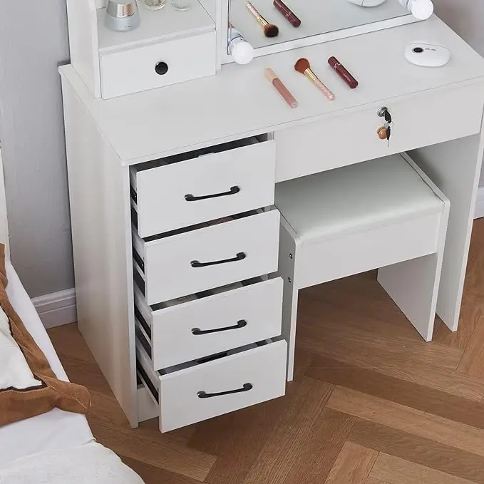 Vanity Desk Dressing Table With LED Lighted Mirror and Cushioned Stool