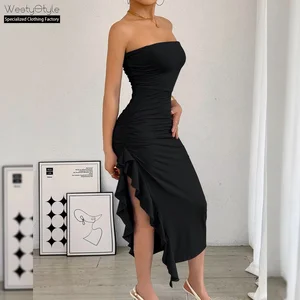 European American Strapless Slim Fit Casual Dresses Solid Chiffon Natural Slit Chest Wrap Hip-Hugging Sexy Floor-Length A-line