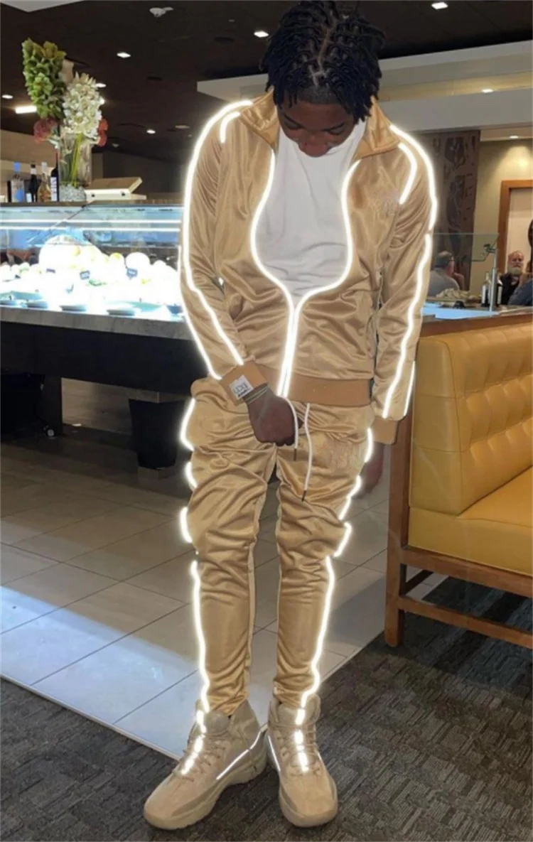 Private Label Custom Logo Reflective Jogger Set Men Track Suit Tracksuit Set Slim Fit Zipper Two Piece Men's Nylon Tracksuit