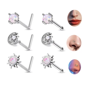 Stainless Steel Moon Crystal Rhinestone Nose Ring L Shaped Nose Piercing Fashion Body Jewelry for Women Men