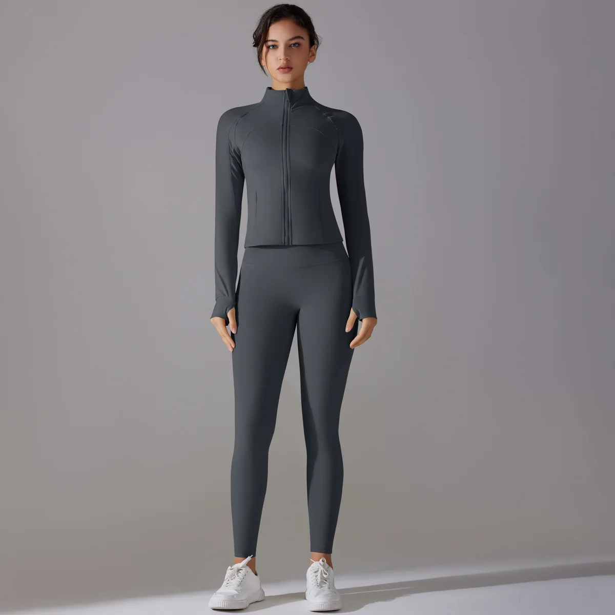 Stand Collar Zipper Long Sleeve Solid Breathable Yoga Wear High Waist Hip Lift Tight Pan detail