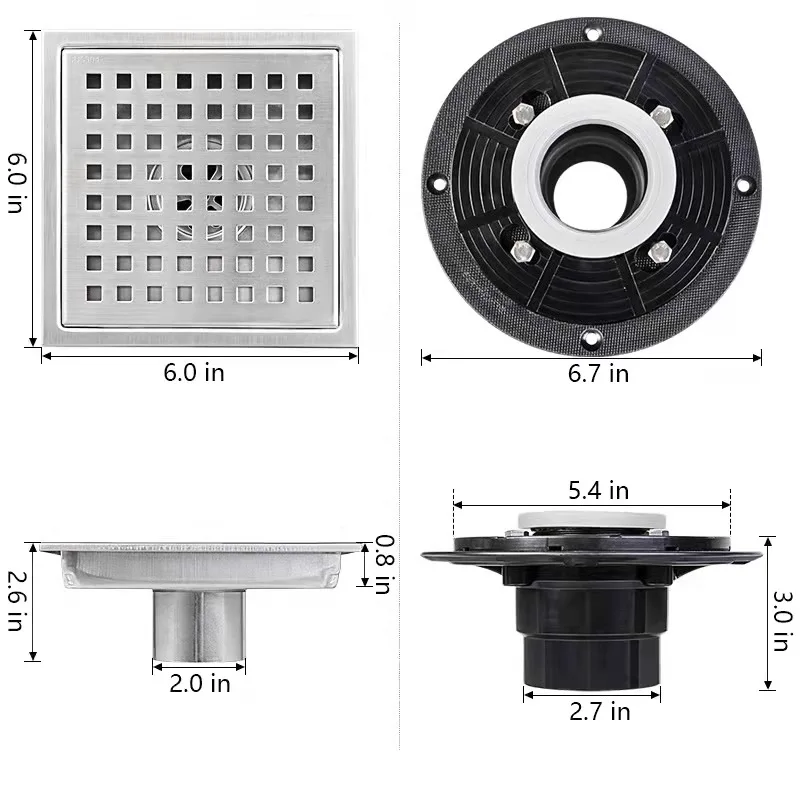 726004 6 Inch Grate Sus 304 Stainless Steel Bathroom Anti Odor Square Floor Waste Trap Drain For