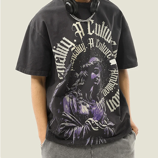 Men's 100% Cotton Heavyweight Distressed Tee 260G Weight Washed Long-Lasting Comfort for Casual Occasions Durable Print Pattern