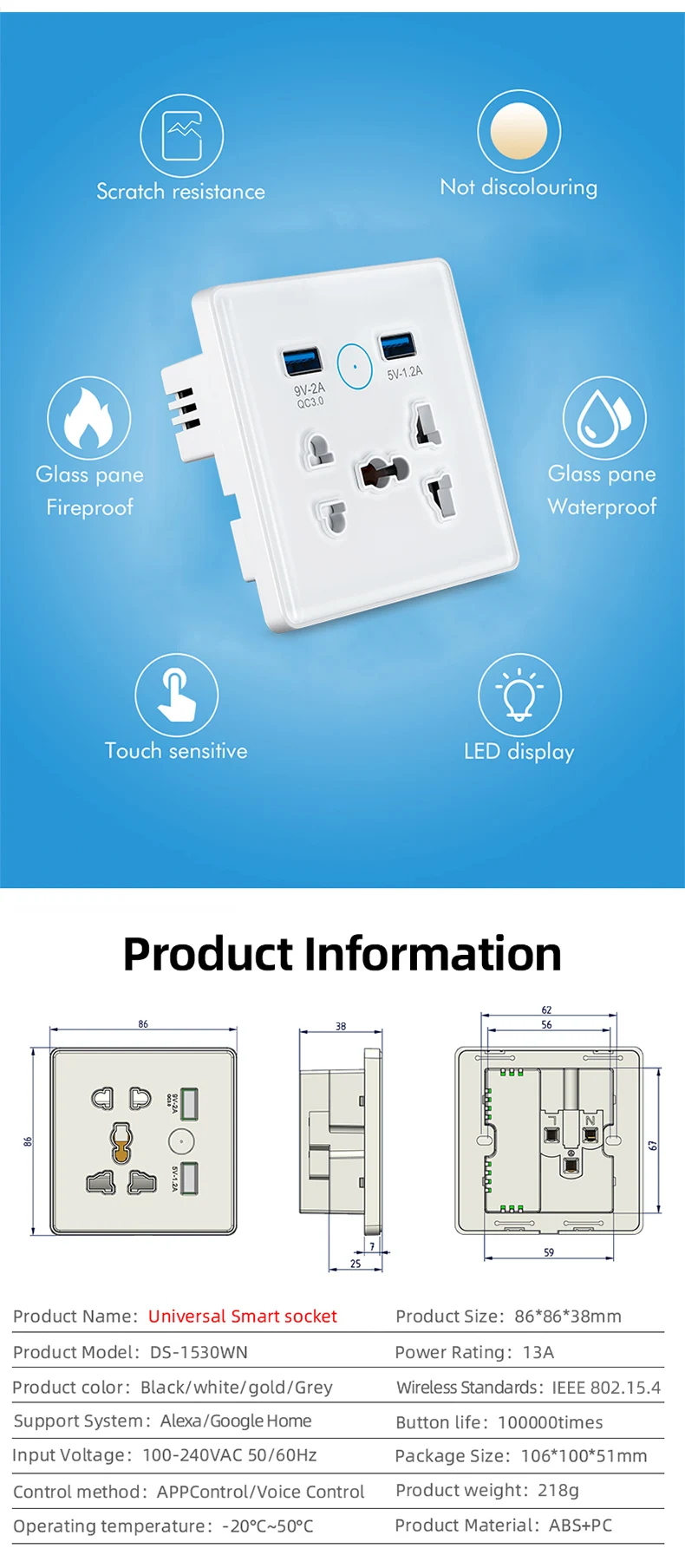 Smart Home Universal USB Wall Socket 13A Tuya Zigbee Multi-function Power Socket Alexa Google Home