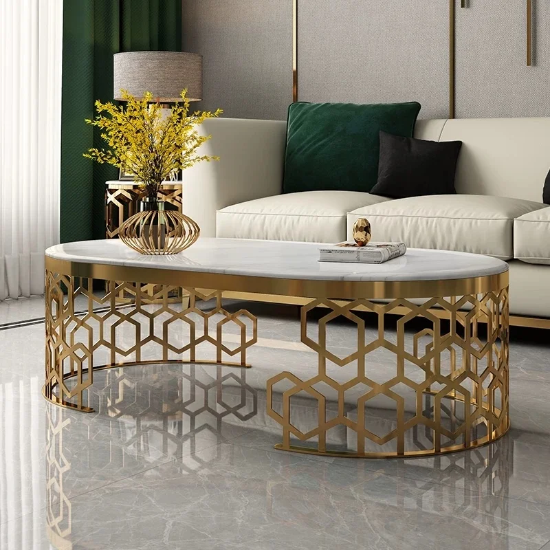 Modern Cheap Coffee Tables Luxury Home Furniture Living Room Gold Stainless Steel Frame Marble Top Round Coffee Table Set Set
