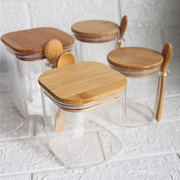 Glass Storage Container with Bamboo Lids and Spoon Kitchen Condiment Glass Ware Airtight Food Storage Container Jars