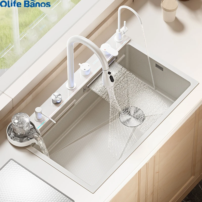 product newest design diy accessories 304 digital display pull out tap waterfall faucet multifunctional white  single bowl kitchen sink583-21