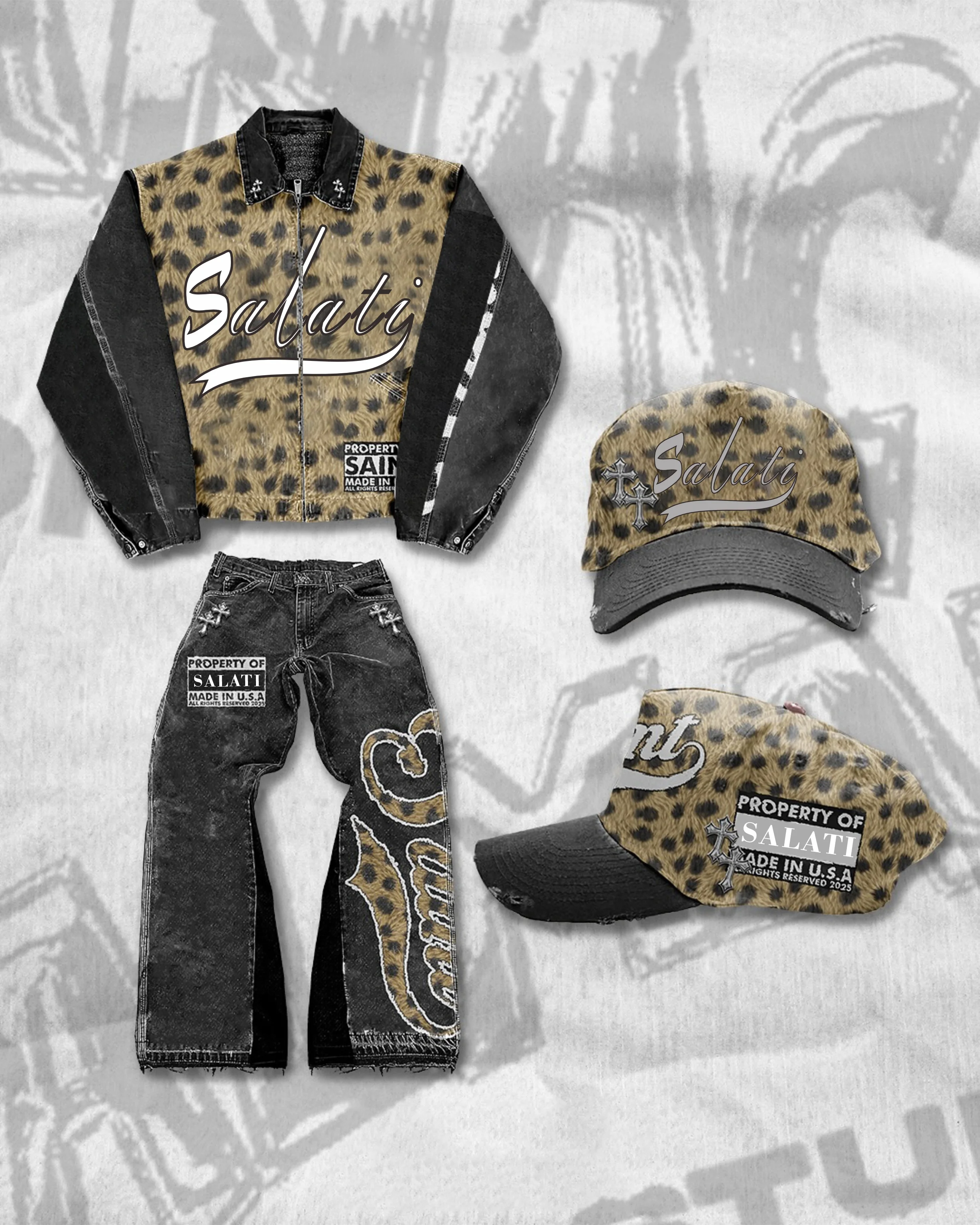Wholesale Custom Sun Faded Distressed Jeans Denim Jacket Set Streetwear Vintage Embroidery Animal Skin Denim Jacket for Men