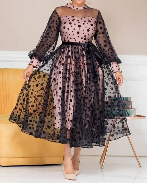 Summer Dot Party Princess Sexy See Through Tulle Large size Women Evening Dress Puff Sleeve Formal Elegant Party Dress