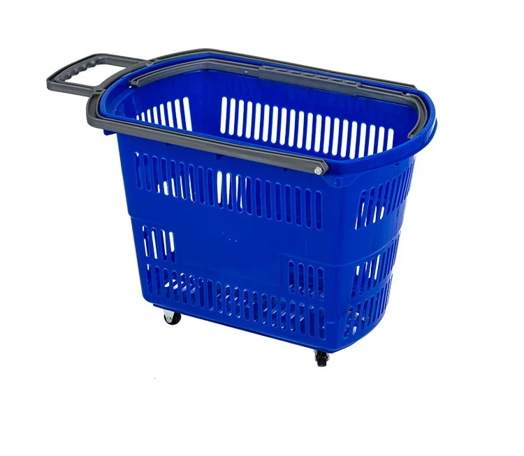 Custom Supermarket Rolling Cheap Plastic Shopping Basket With 4 Wheels