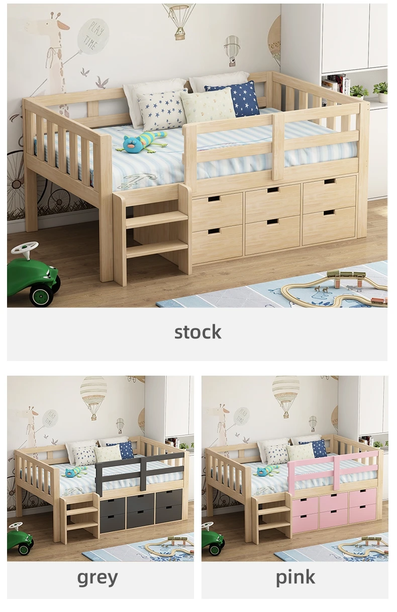 Multifunctional Modern Low Loft Bed with Cabinet and Drawers for Kids Play School Hotel & Apartment Use Wooden Bed