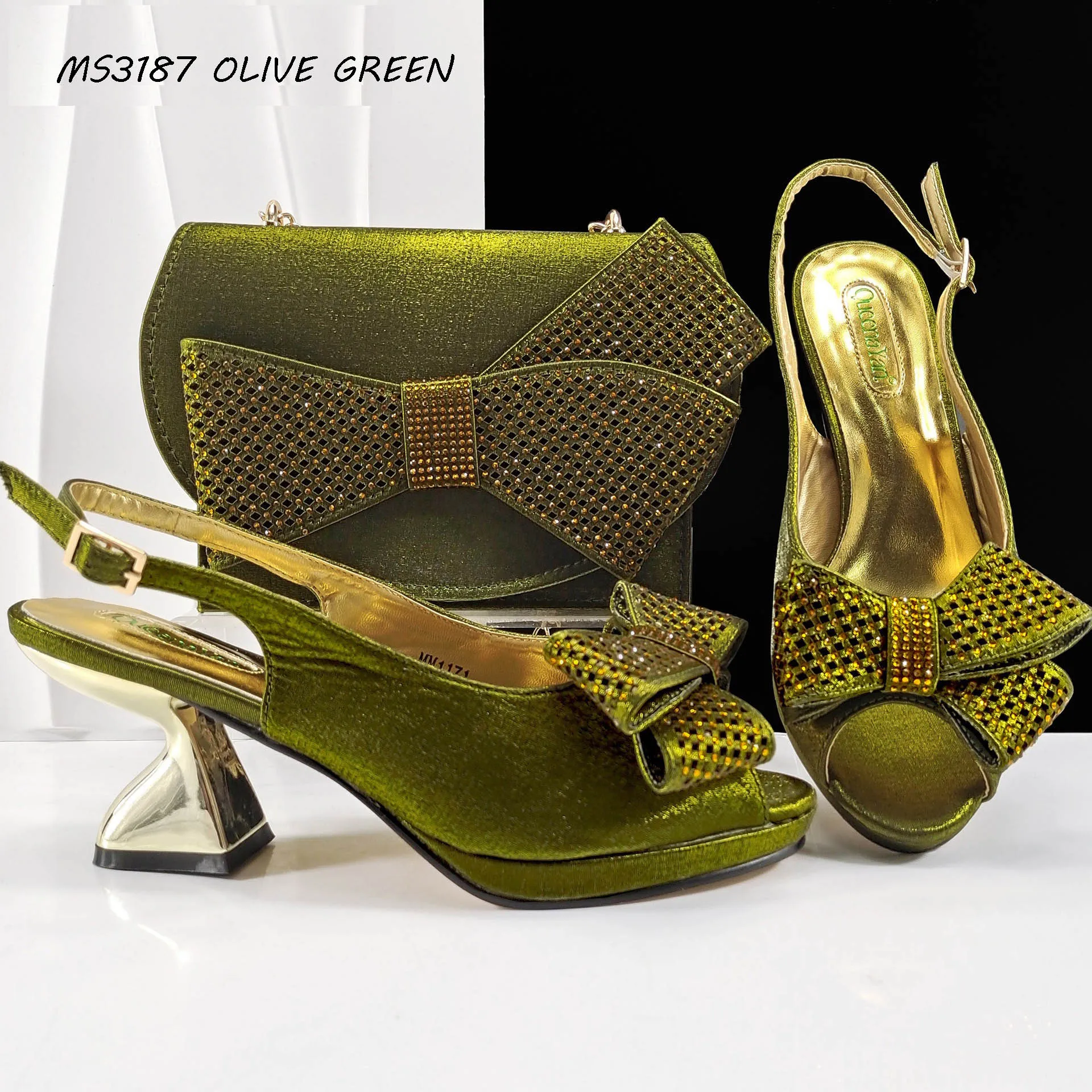 green emerald velvet dress 2026 Women's Diamond-Embellished Pointed-Toe Heels & Bag Set