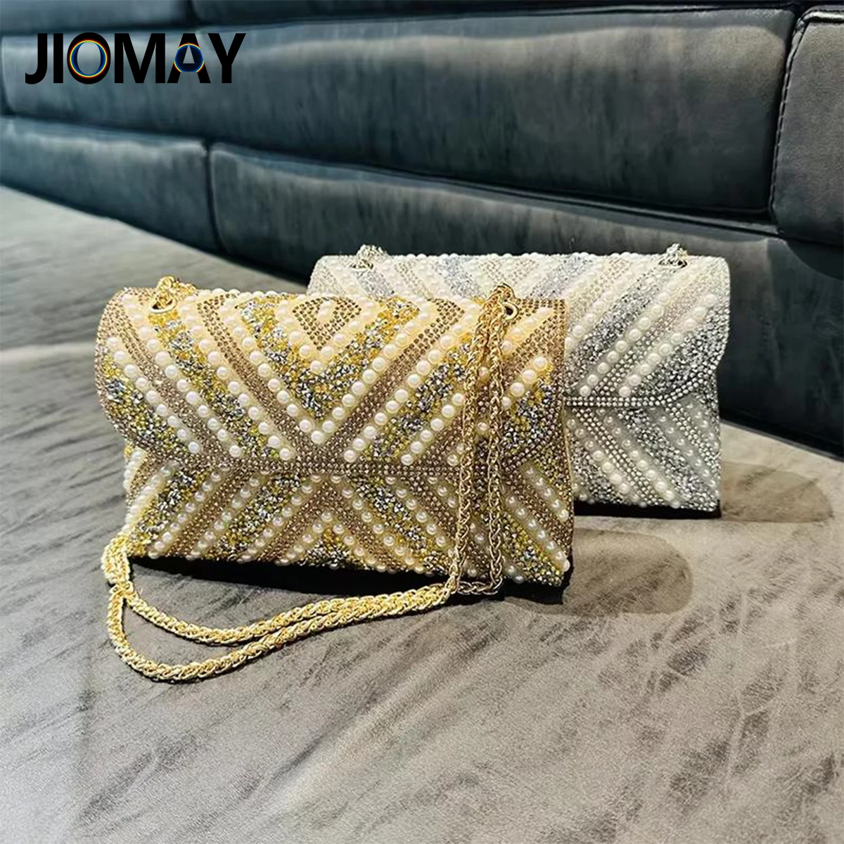 Luxury Ladies High Waist Envelop Pattern Evening Bag Brass Rhinestone Beaded Leather Handbag Pearl Diamond Clutch for Weddings