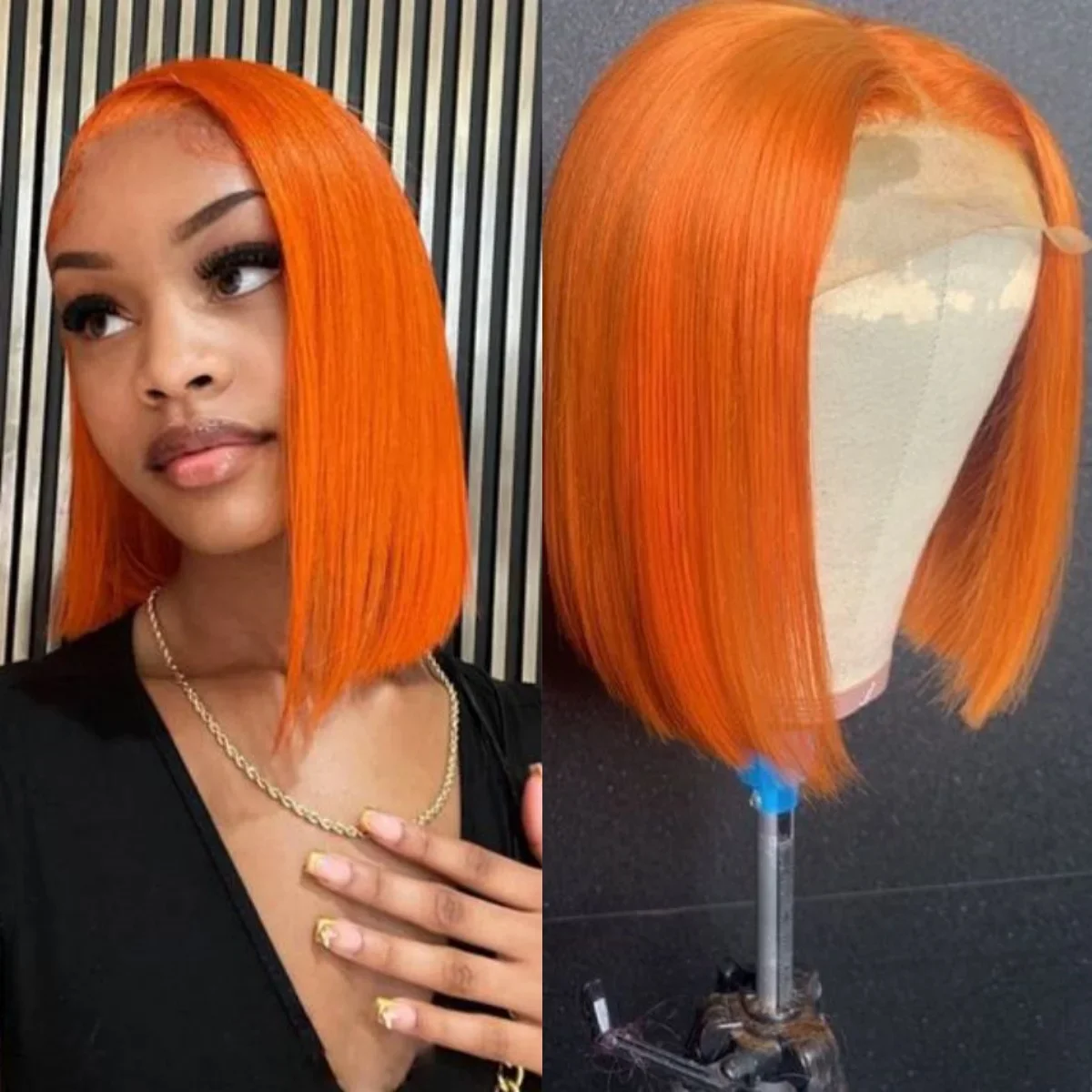 Parrucca corta arancione zenzero con capelli umani lisci e trasparenti, chiusura frontale in pizzo 4X4, attaccatura dei capelli pre-pizzicata_voghion.com