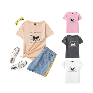 Custom Logo Coffee Cats and Bookes Printing Women's T-shirts 100% Cotton t Shirt for Women Blank and Plain Tee Shirt