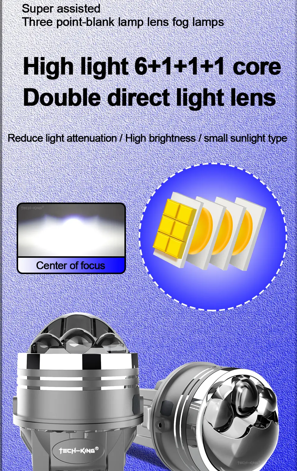 TECH-KING 75W Bi LED laser fog lights Tri-colors high power for car with 3 laser 3 inch Bi ed projector Lens Led Fog Bulbs