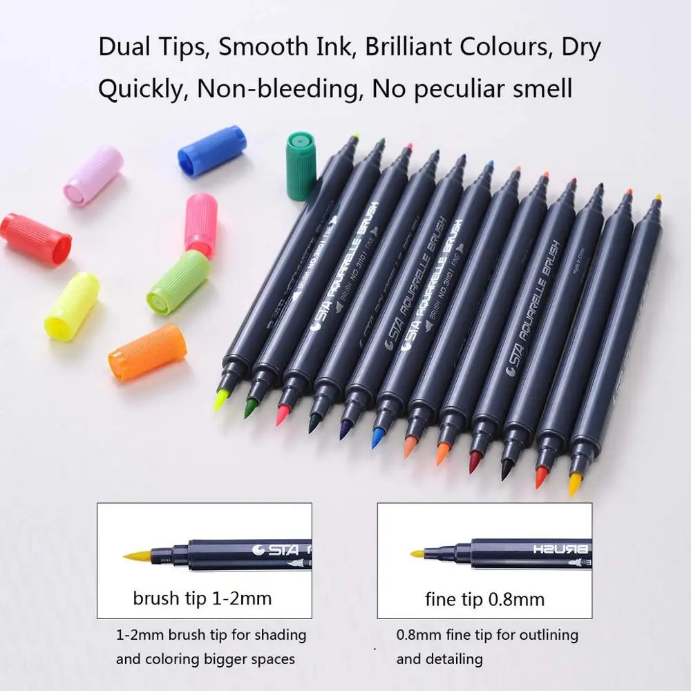 Dual Tip Watercolor Brush Markers - Sta Non-Toxic Water Based