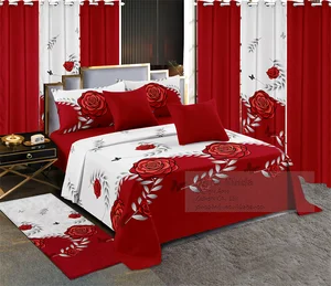 Red White Printed Microfiber Fabric king Size 13pcs Bed Sheet Set Luxury Bedding Set with Matching Curtains Carpet