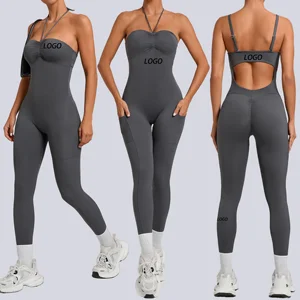 Women's Tight Sculpting Four-Way Stretch Full-Length High Waist Butt Lifting Activewear Jumpsuit Bodysuit Side Pockets Sport