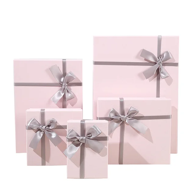 Wholesale New High Quality Pink Paper Up and Down Cover Present Box With Bow Gift Paper Box and Bags with Handle For Skincare