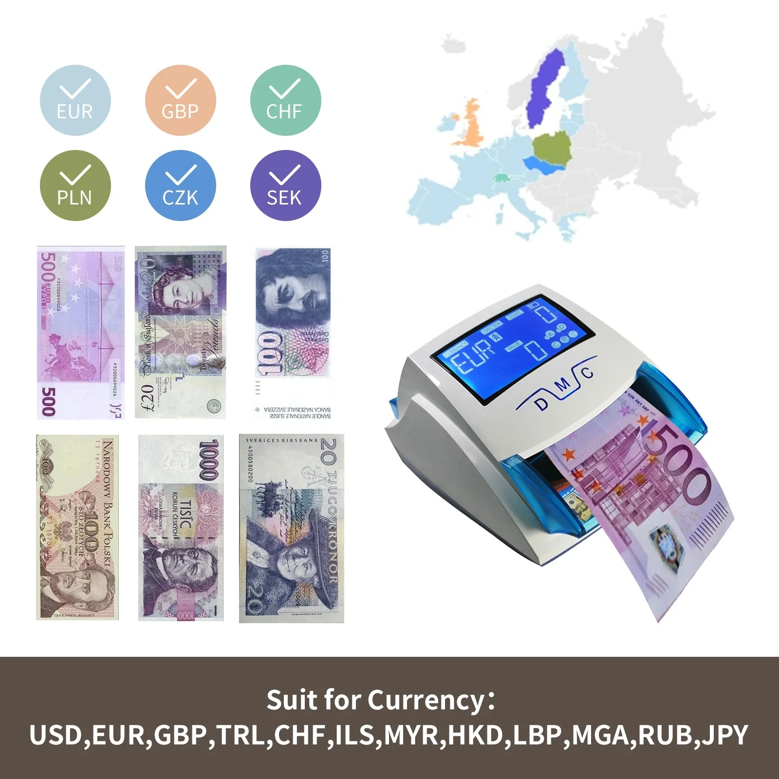 Portable Money Counter Detector USD EUR MYR HKD Currency Banknote Value  Bill Counter Machine HL-520B