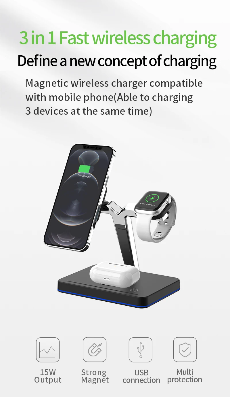 Amazon Горячая продажа Магнитный 3 в 1 быстрая Беспроводная зарядка подставка патент дизайн для iphone 12 серии наушники и смарт-часы