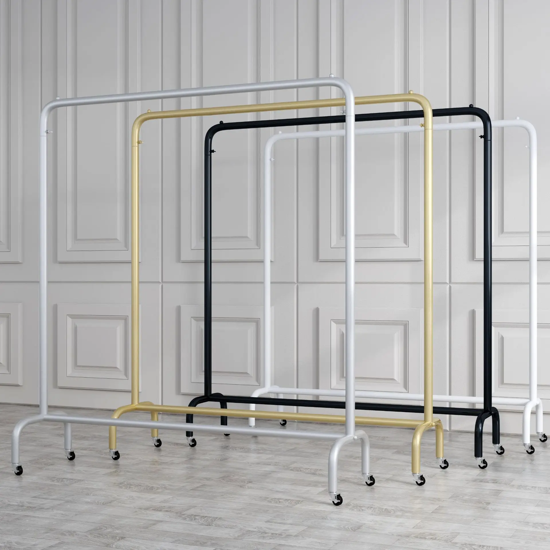 Modern Metal Clothes Display Racks With Wheels Gold Movable Garment
