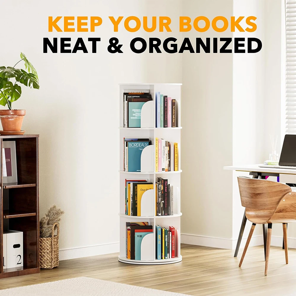 product 4 tier wooden modern rotating bookshelf tower lazy susan revolving 360 book storage carousel vertical turn corner organizer-5