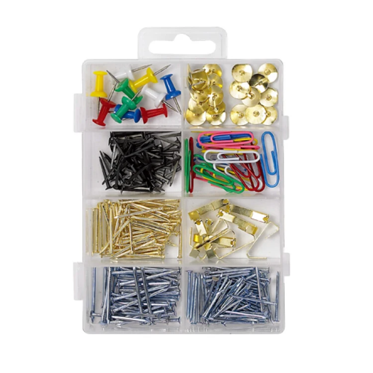 Горячая распродажа от фабрики BSCI, упаковка в полипропиленовую коробку, 300 шт. разнообразных канцелярских кнопок, штифтов, обычных проволочных гвоздей