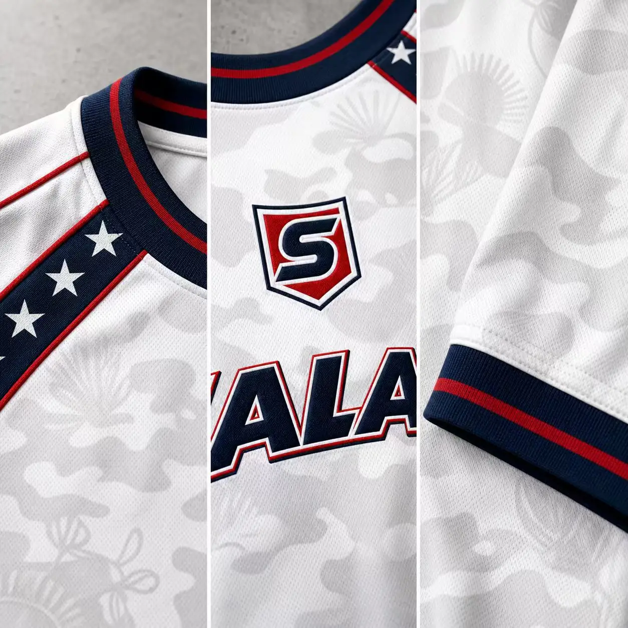 Custom Mens Sports Shirt White Camo Star Shoulder Contrast Piping Breathable Quick Dry Training Gym Wear Men Sports Jersey gallery 2