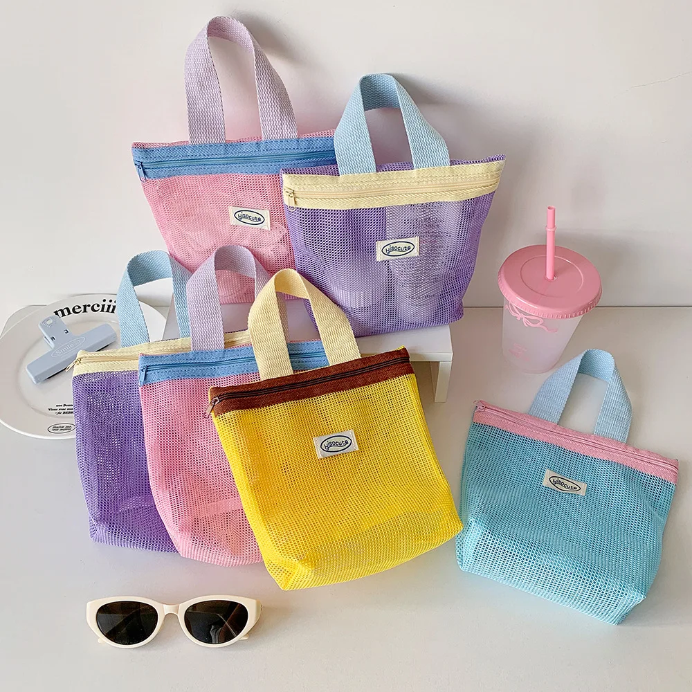 Women's Color Customized Summer Mesh Small Portable Foldable Polyester Bag Toiletry Tote Beach Bag