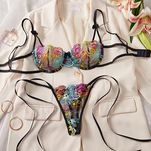 Cross-border European and American Lingerie: Heavy Floral Embroidery Underwire Push-up Bra with Lace Straps and Sexy Set