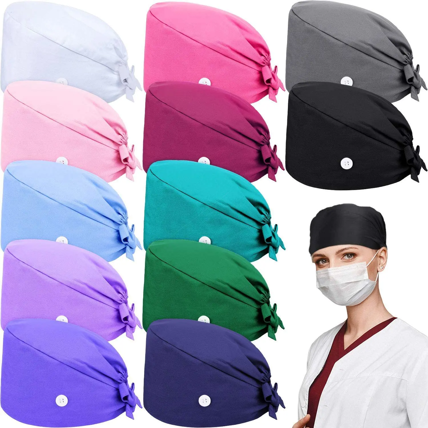 Adjustable Scrub Cap with Sweatband Unisex Nurse Surgical Hat Elastic Tie Back 81mIFA0HPpL.jpg main image 3